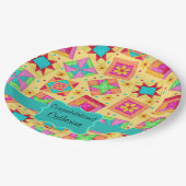 Gelbes Patchwork Quilt Blockname Herzlichen Glückw Pappteller (Schrägansicht)