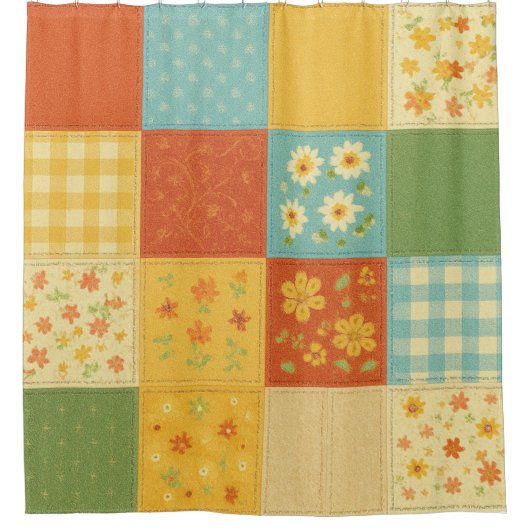 Gelbes Patchwork Quilt Rustikales Bauernhaus Duschvorhang (Vorderseite)