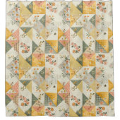 Gelbes Pfirsich-Patchwork-Quilt Rustikal Retro Flo Duschvorhang (Vorderseite)