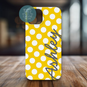 Gelbes Polka Dot Muster mit grauem Namen Case-Mate iPhone Hülle