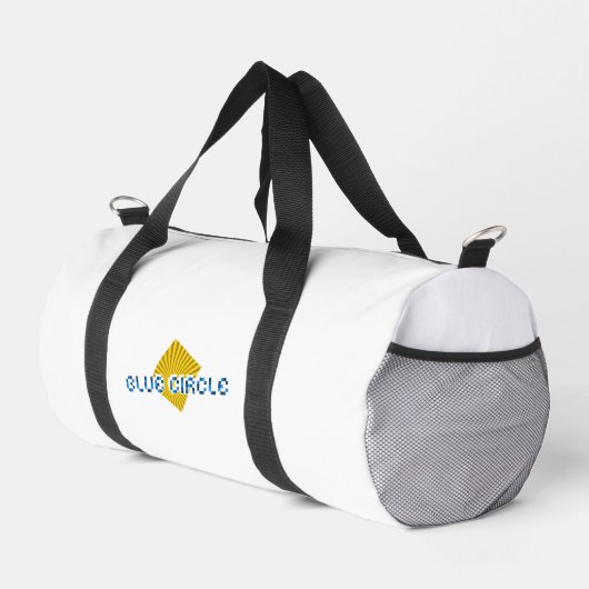 Gelbes Quadrat mit Balken und optischem Pixel-Text Duffle Bag (Rechte Ecke)