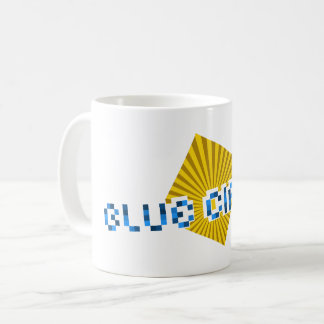 Gelbes Quadrat mit Balken und optischem Pixel-Text Kaffeetasse