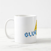 Gelbes Quadrat mit Balken und optischem Pixel-Text Kaffeetasse (Links)