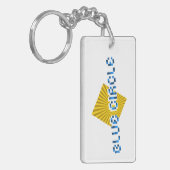 Gelbes Quadrat mit Balken und optischem Pixel-Text Schlüsselanhänger (Vorderseite links)