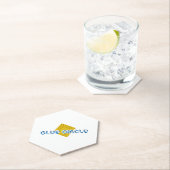 Gelbes Quadrat mit Balken und optischem Pixel-Text Untersetzer (Vor Ort)