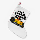 Gelbes Rennwagen mit Checkbox Kleiner Weihnachtsstrumpf (Vorderansicht (hängend))