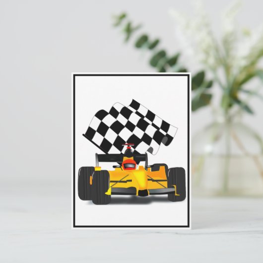 Gelbes Rennwagen mit Checkbox Postkarte (Stehend Vorderseite)