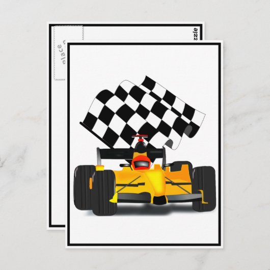 Gelbes Rennwagen mit Checkbox Postkarte (Vorne/Hinten)