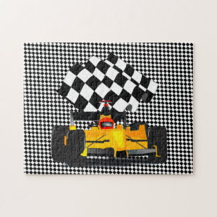 Gelbes Rennwagen mit Schachtel-Jigsaw-Puzzle Puzzle
