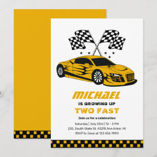 Gelbes Rennwagen zwei schnelle Boys 2. Geburtstag Einladung