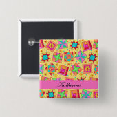 Gelbes rosa Patchwork Quilt Blocks Name Abzeichen Button (Vorne & Hinten)
