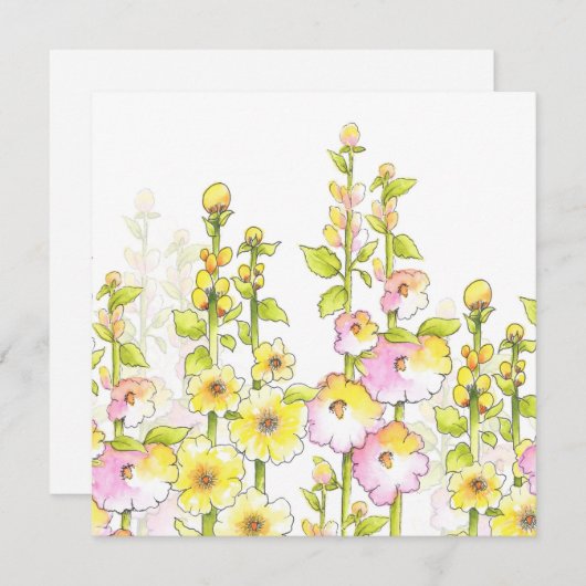 Gelbes rosa Pen & Aquarellfeld aus Hollyhocks Mitteilungskarte (Vorne/Hinten)