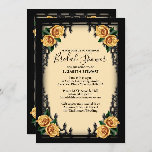Gelbes Rosengotik-Brautparty Einladung (Vorne/Hinten)