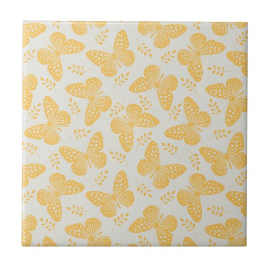 Gelbes Schmetterlingsmuster auf grauem Hintergrund Fliese (Vorderseite)