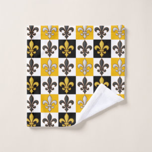 Gelbes Schwarz-weißes kariertes Fleur-de-lis-Desig Badhandtuch Set
