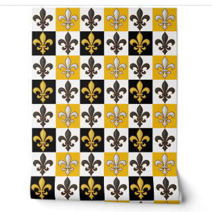 Gelbes Schwarz-weißes kariertes Fleur-de-lis-Desig Tapete