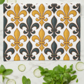 Gelbes schwarzes Barock Fleur-de-lis-Muster Geschirrtuch (Gefaltet)
