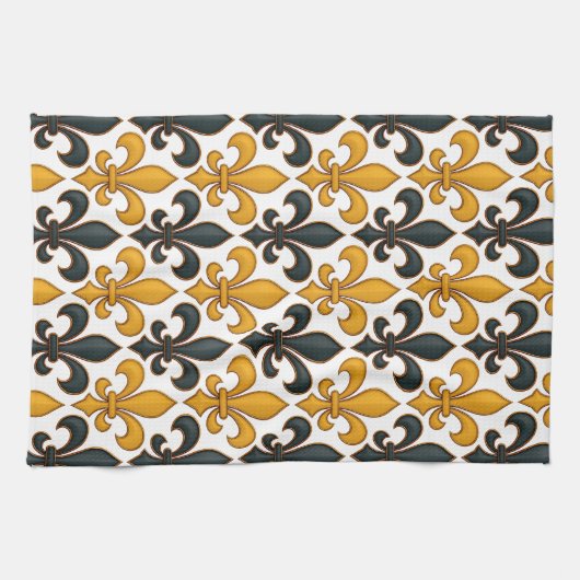 Gelbes schwarzes Barock Fleur-de-lis-Muster Geschirrtuch (Horizontal)