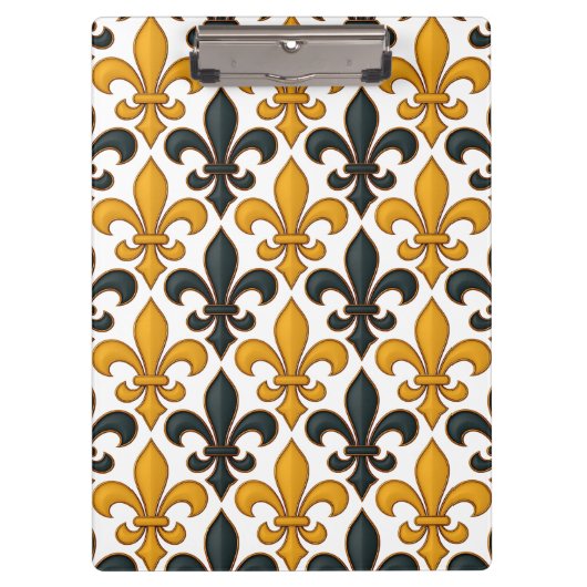 Gelbes schwarzes Barock Fleur-de-lis-Muster Klemmbrett (Vorderseite)
