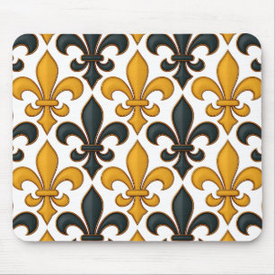 Gelbes schwarzes Barock Fleur-de-lis-Muster Mousepad