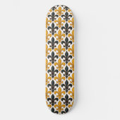 Gelbes schwarzes Barock Fleur-de-lis-Muster Skateboard (Vorderseite)