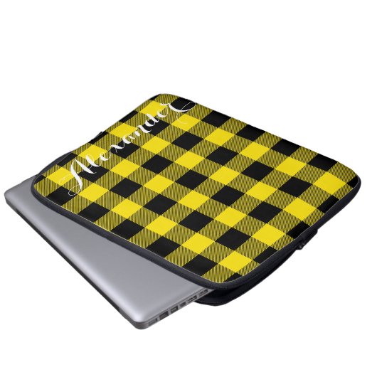 Gelbes Schwarzes Buffalo Karo Karierter Name Monog Laptopschutzhülle (Vorne Knopf)