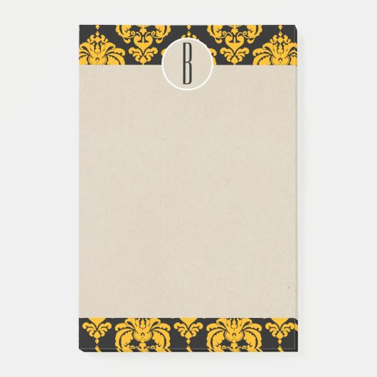 Gelbes schwarzes Glam Damask Kraft Monogram Initia Post-it Klebezettel (Vorderseite)