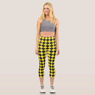 Gelbes schwarzes Schachbrett Diamantmuster Capri Leggings