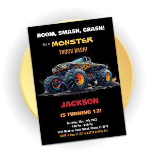 Gelbes Schwarzmonster Truck Geburtstagseinladungen Einladung