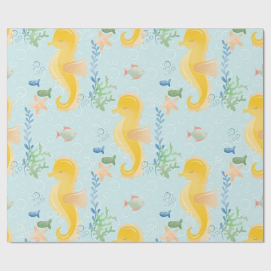 Gelbes Seepferd unter einem Baby-Duschmuster Geschenkpapier (Flach)