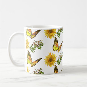 Gelbes Sonnenblumen- und Schmetterlingsblumenmuste Kaffeetasse