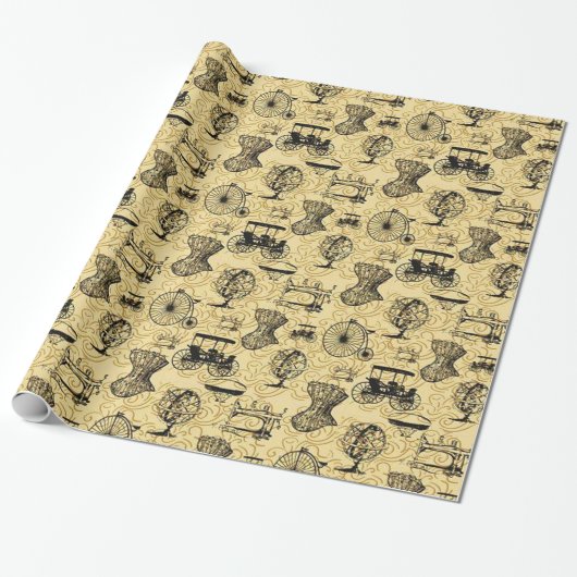 Gelbes Steampunk Muster-Packpapier Geschenkpapier (Ungerollt)