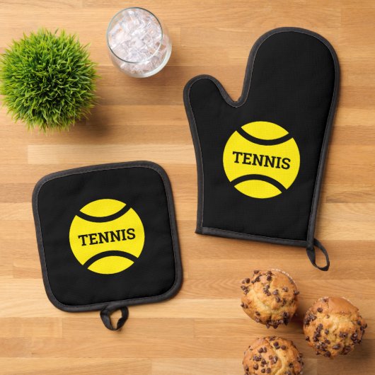 Gelbes Tennisball-Logo personalisierte Küche Ofenhandschuh & Topflappen-Set (Oben Unten)
