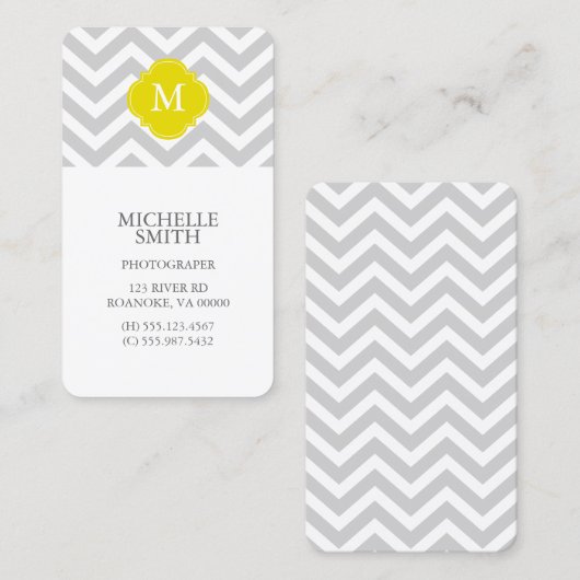 Gelbes u. graues Zickzack-Muster-Monogramm Visitenkarte (Vorne/Hinten)