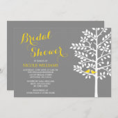 Gelbes und graues Baum-Liebe-Vogel-Brautparty Einladung (Vorne/Hinten)