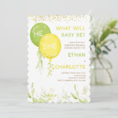 Gelbes und grünes Geschlecht offenbart Baby Shower Einladung (Stehend Vorderseite)