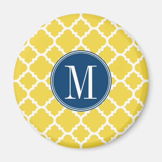 Gelbes und Navy-Quatrefolienmuster Custom Monogram Magnet (Vorne)