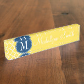 Gelbes und Navy-Quatrefolienmuster Custom Monogram Namensplakette (Seite)