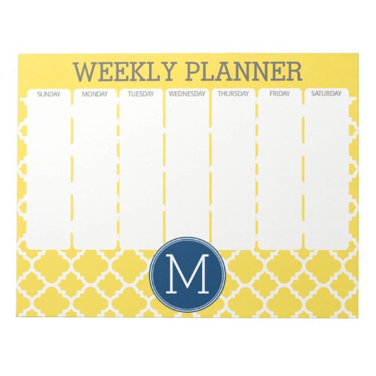 Gelbes und Navy-Quatrefolienmuster Custom Monogram Notizblock (Vorderseite)