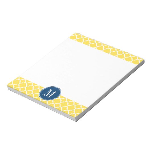 Gelbes und Navy-Quatrefolienmuster Custom Monogram Notizblock (Rotiert)