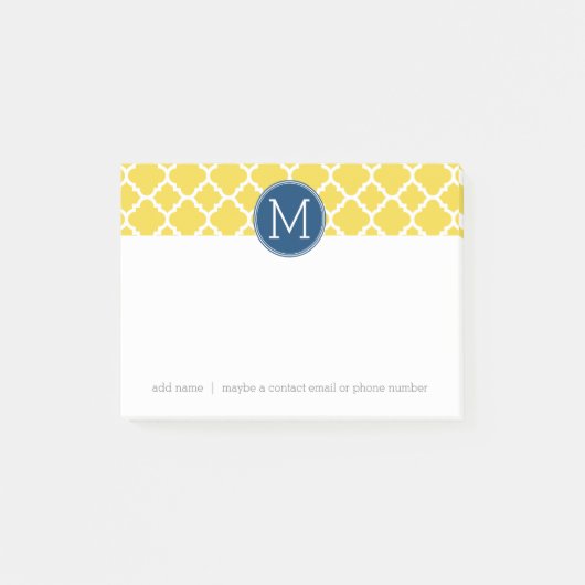 Gelbes und Navy-Quatrefolienmuster Custom Monogram Post-it Klebezettel (Vorderseite)
