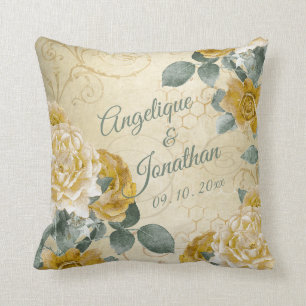 Gelbes Wedding GoldRosen-mit Monogramm mit Kissen