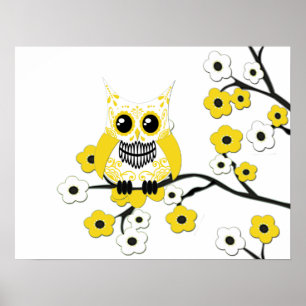 Gelbes weißes Kirschblüten-Eulen-Plakat Poster