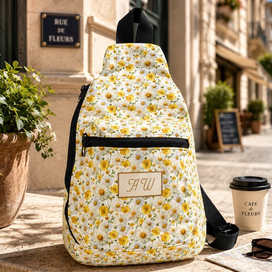 Gelbes Wildblumen-Muster Monogramm Name Crossbody Bag