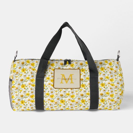 Gelbes Wildblumen-Muster Monogramm Name Duffle Bag (Rückseite)