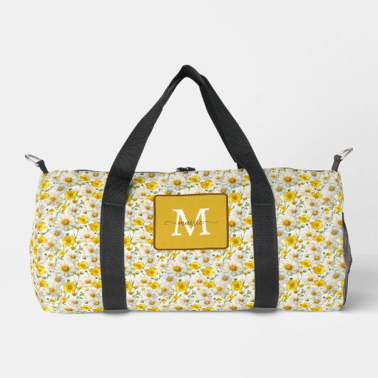 Gelbes Wildblumen-Muster Monogramm Name Duffle Bag (Vorderseite)