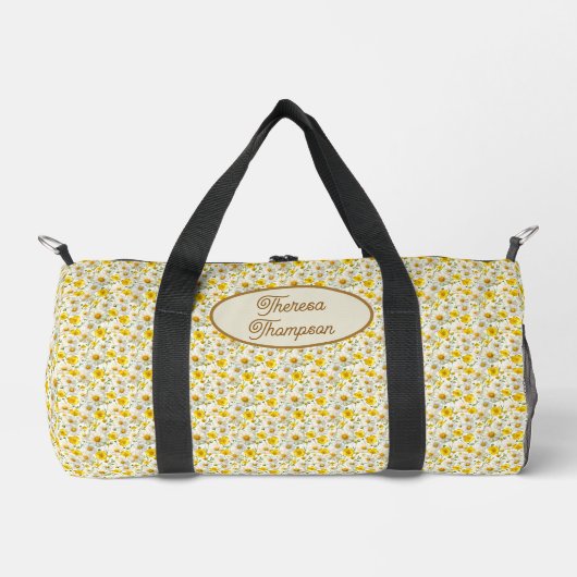 Gelbes Wildblumen-Muster Monogramm Name Duffle Bag (Vorderseite)