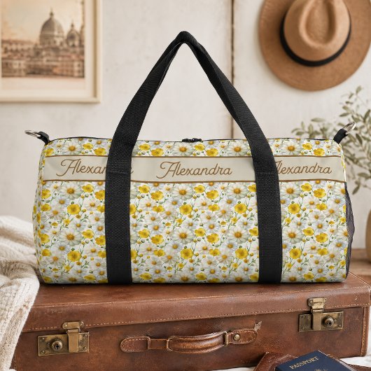 Gelbes Wildblumen-Muster-Monogramm-Name Duffle Bag