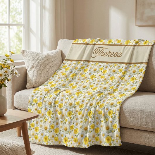 Gelbes Wildblumen-Muster-Monogramm-Name Fleecedecke