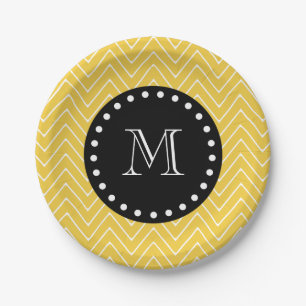Gelbes Zickzack schwarzes Monogramm des Muster- Pappteller